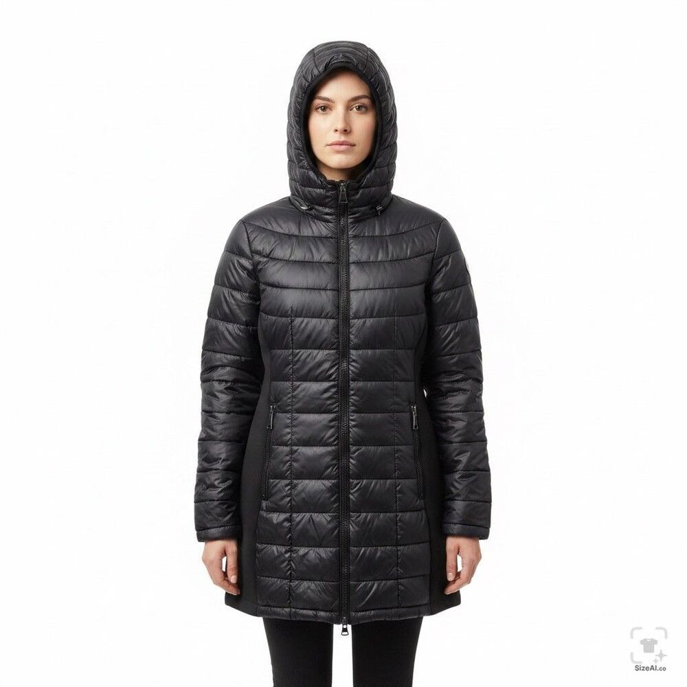 Calvin Klein Down Blend Puffer Coat Womens L Hooded Long Black Jacket